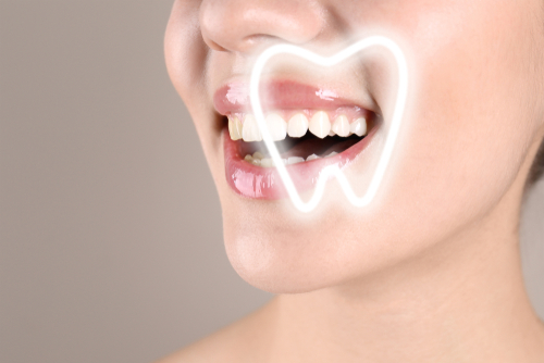 Smiling,Young,Woman,And,Symbol,Of,Tooth,On,Color,Background,